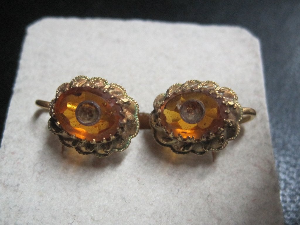 Antiek gouden barnsteen amber oorschroeven 14 krt goud, Ophalen, Goud, Ketting, Met edelsteen