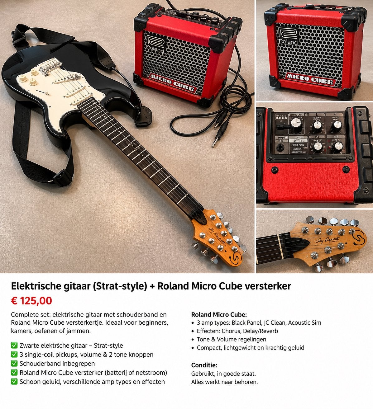Elektrische gitaar set (Strat-style) + Roland Micro Cube, Muziek en Instrumenten, Overige merken, Gebruikt, Met versterker, Ophalen of Verzenden