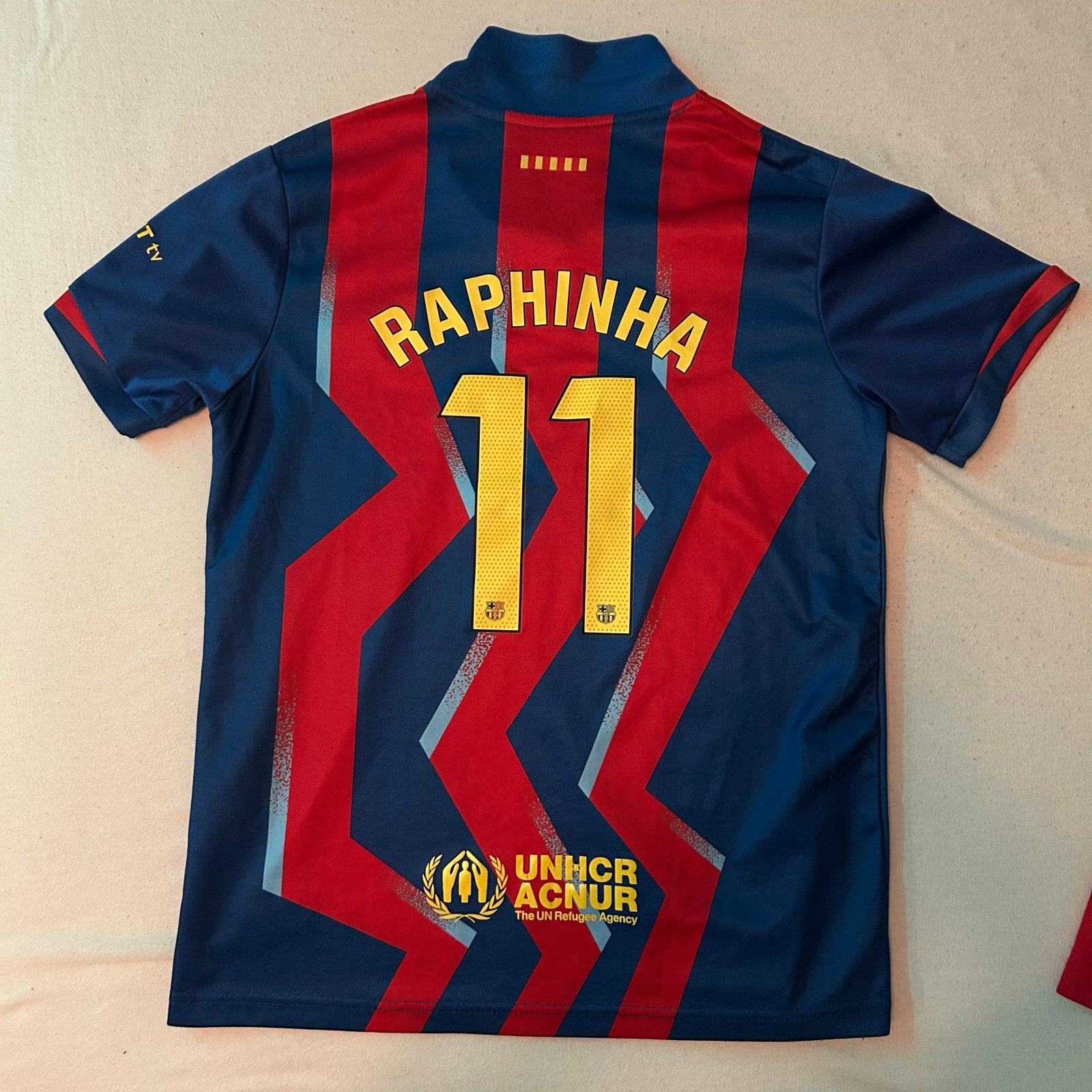 Raphinha Barcelona Nr 11 voetbaltenue kids - Maat 24 (145cm), Ophalen of Verzenden, Gebruikt, Jongen of Meisje