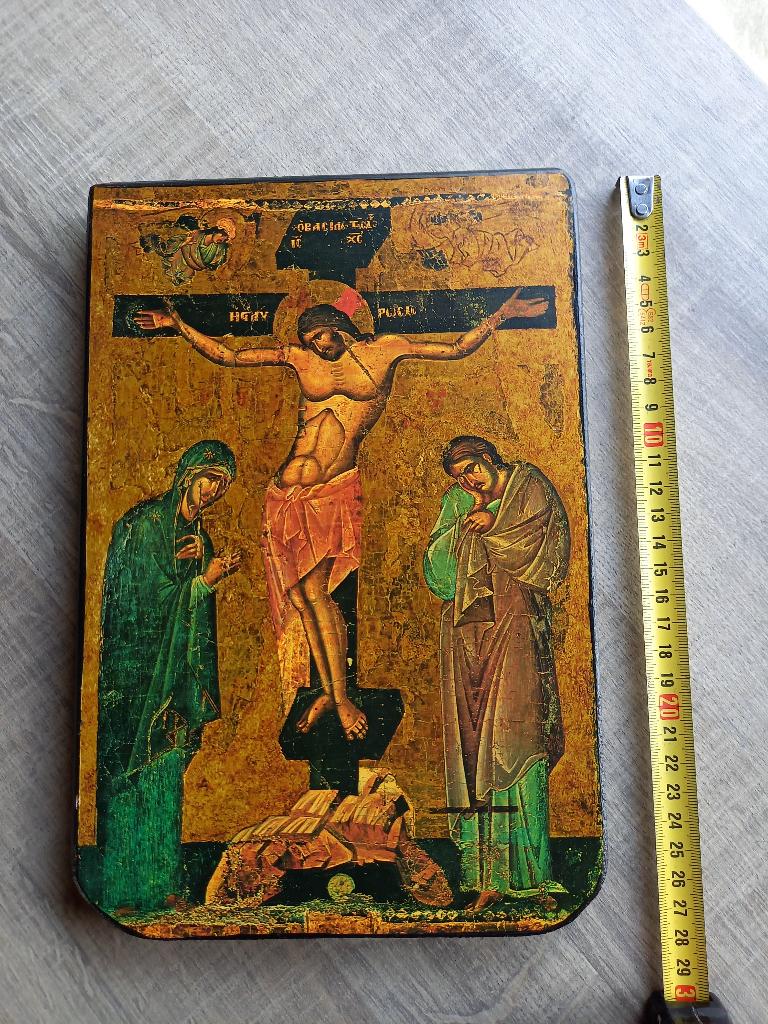 Oud Houten Icoon Kruisiging en Dood van Jezus, Ophalen of Verzenden