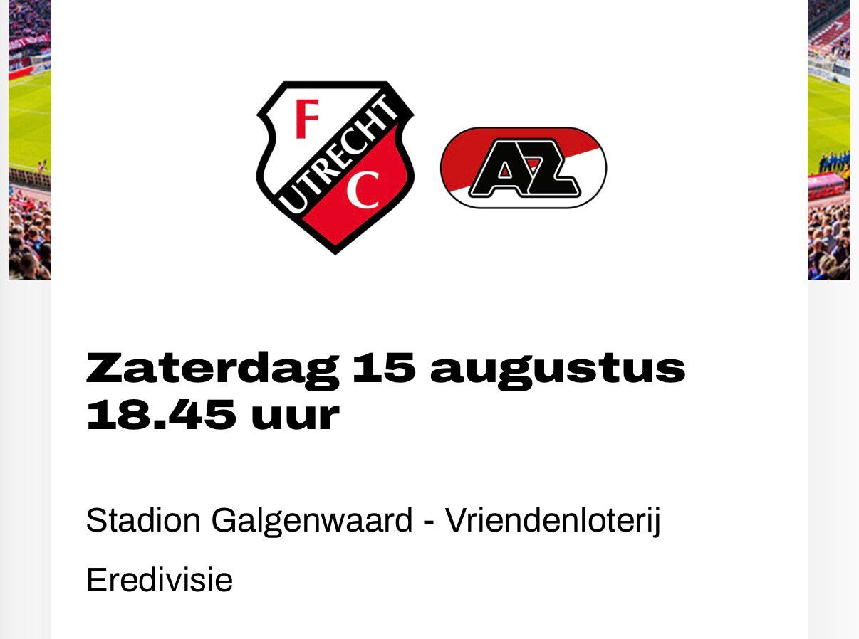 2 kaartjes Fc utrecht az Vak W naast elkaar, Tickets en Kaartjes, Losse kaart, Twee personen, Augustus