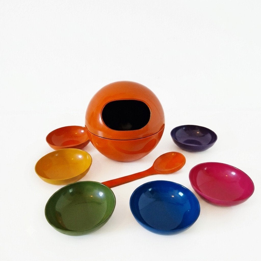 Vintage Jaren '70 Snack Bol met 6 Schalen en Lepel, Verzamelen, Retro, Ophalen of Verzenden, Huis en Inrichting