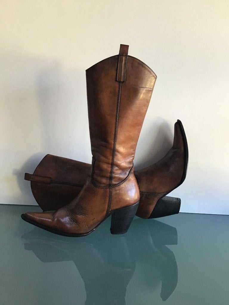 Vintage boho laars 38 | Bruin leer | Rits | Gratis verzenden, Hoge laarzen, Bruin, Verzenden, Zo goed als nieuw