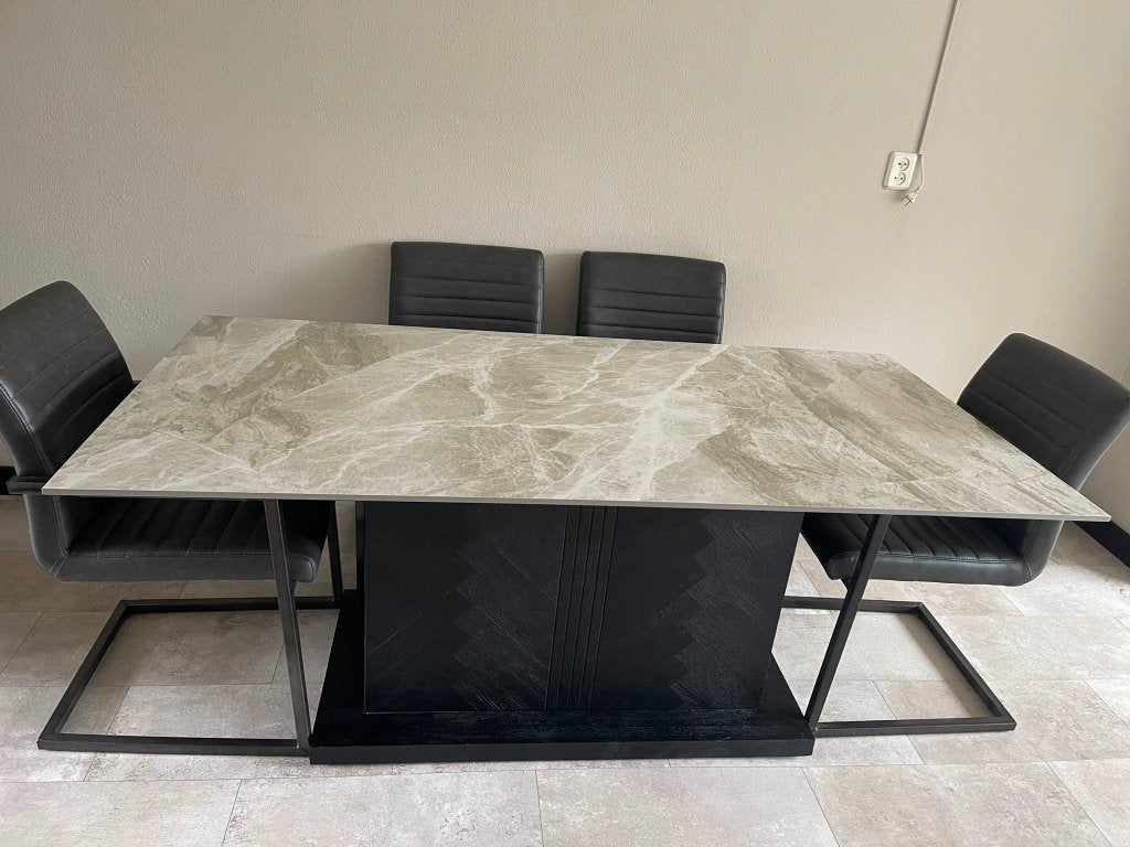 Moderne eettafel met marmerlook blad, Ophalen, 50 tot 100 cm, Vijf personen of meer, 150 tot 200 cm