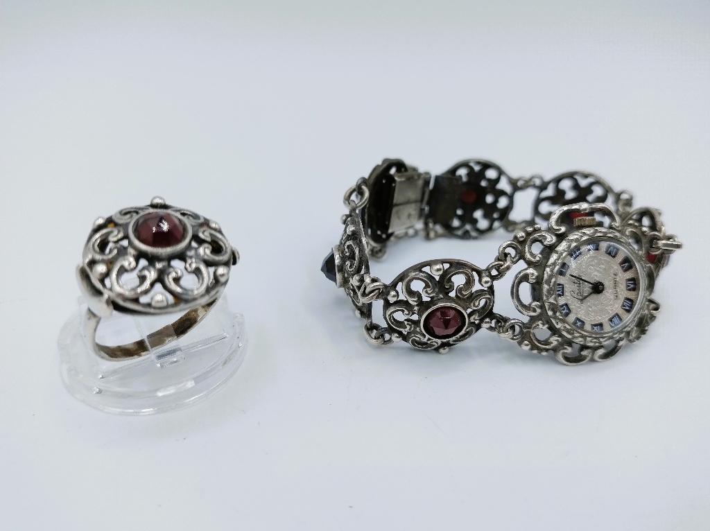 Zilveren Ring en Horloge Armband Set met Rode Stenen