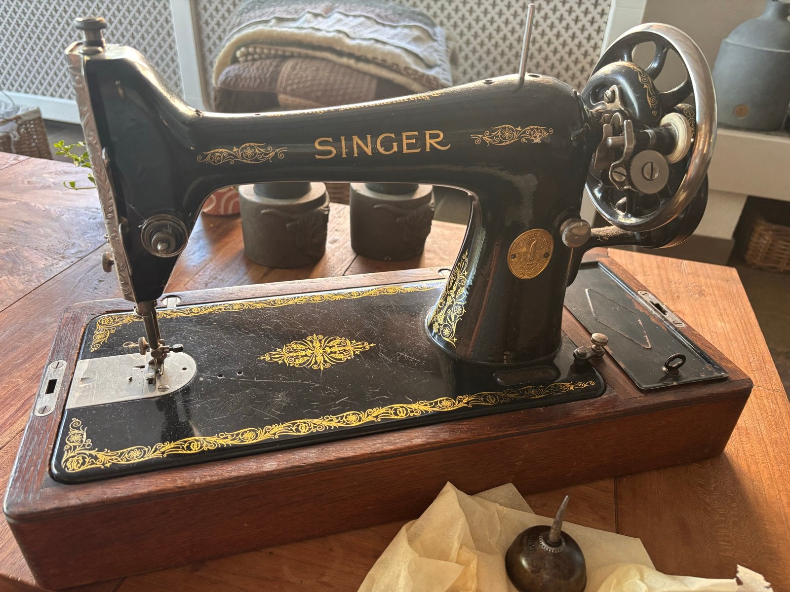 Antieke Singer Naaimachine met Houten Koffer, Ophalen, Gebruikt, Naaimachine, Singer