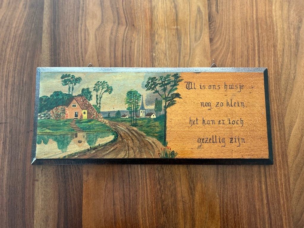 Vintage houten tekstbord met handgeschilderd landschap, Ophalen of Verzenden