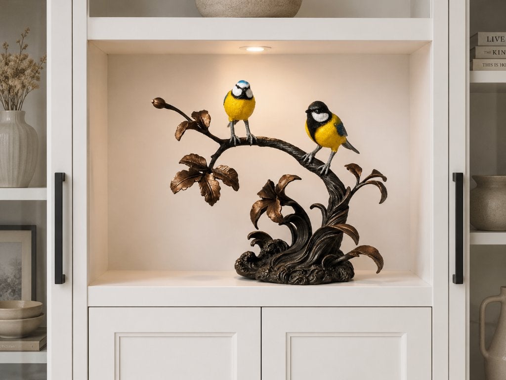 TAK MET PIMPELMEES EN KOOLMEES / Bronzen beeld, Ophalen of Verzenden, Nieuw, Vogel, Beeldje of Figuurtje