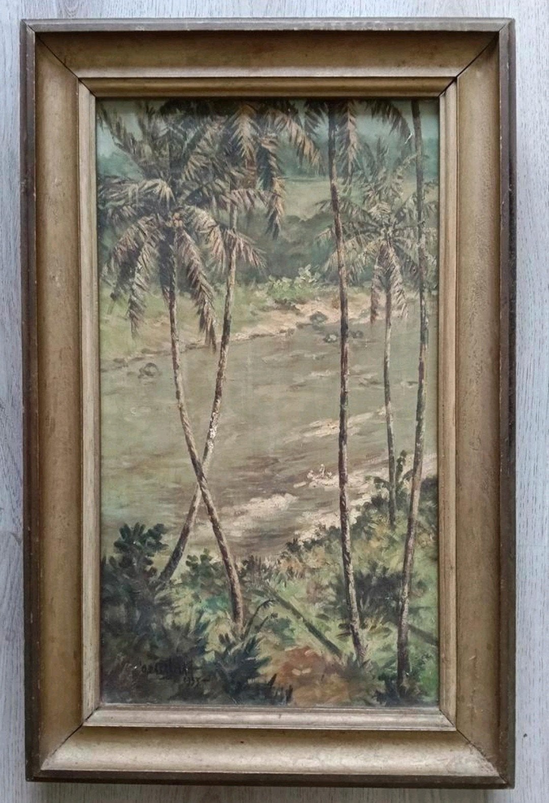 Omar Basalamah (1912-1998) - Riviergezicht met palmbomen, Antiek en Kunst, Doek, Impressionistisch, Ophalen of Verzenden, Landschap