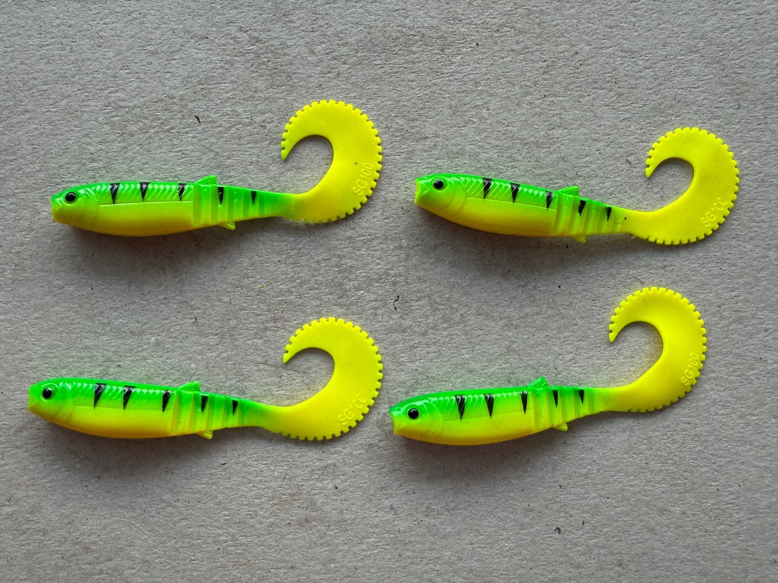 4x SG100 softbait curly tail 9-10 cm groen/geel, Ophalen of Verzenden, Nieuw, Overige typen