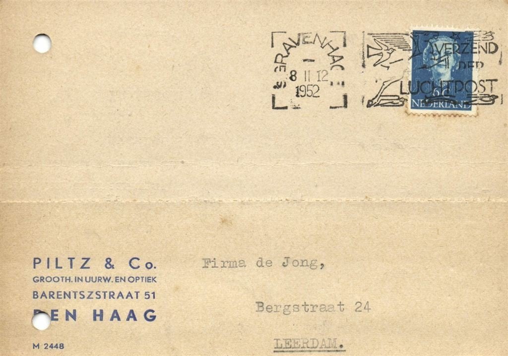 Piltz + Co., Den Haag - 02.1952 - briefkaart, Ophalen of Verzenden, Briefkaart