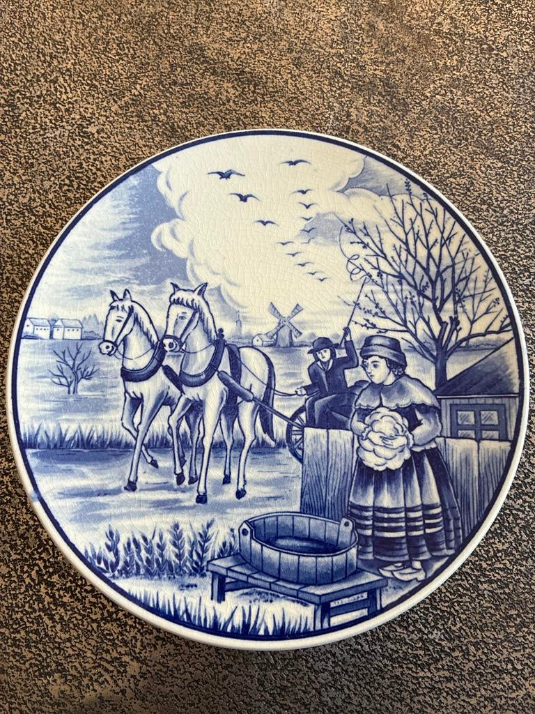 Delfts Blauw Wandbord - Hollands Landschap met Paarden, Ophalen of Verzenden