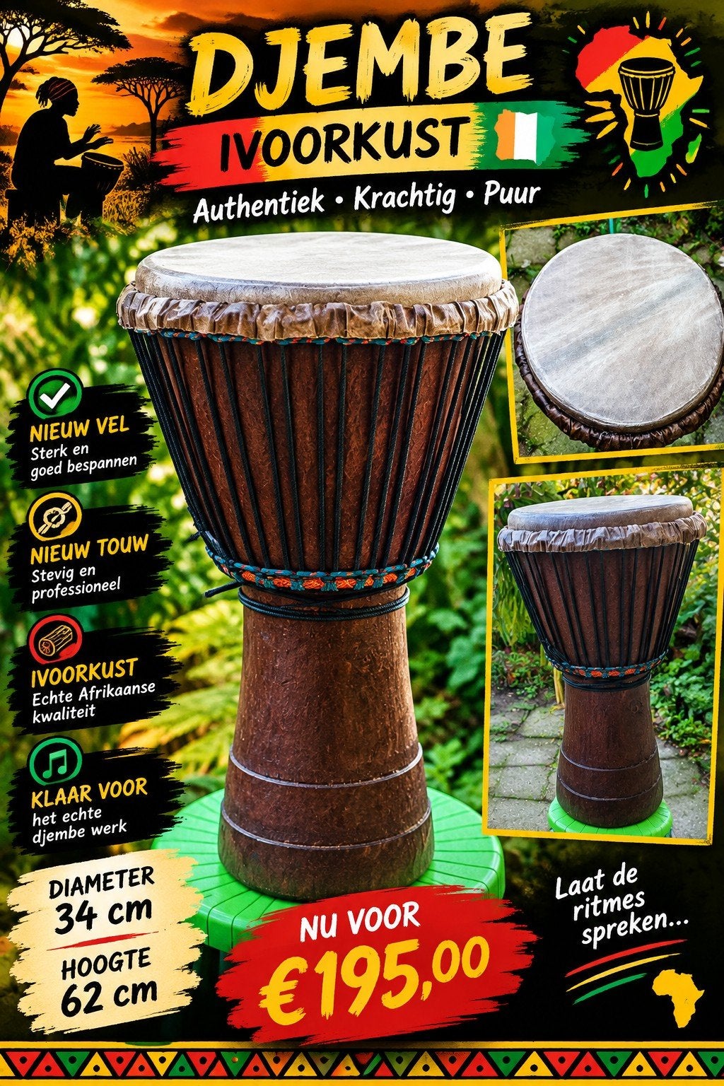 Djembe Ivoorkust Irokko hout., Ophalen of Verzenden, Zo goed als nieuw, Trommel