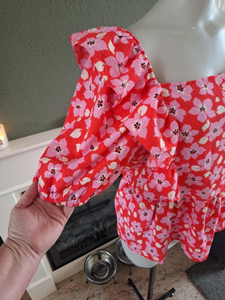 Boohoo rode roze bloemen tuniek 42 44 XL, Verzenden, Boohoo, Maat 42/44 (L), Zo goed als nieuw