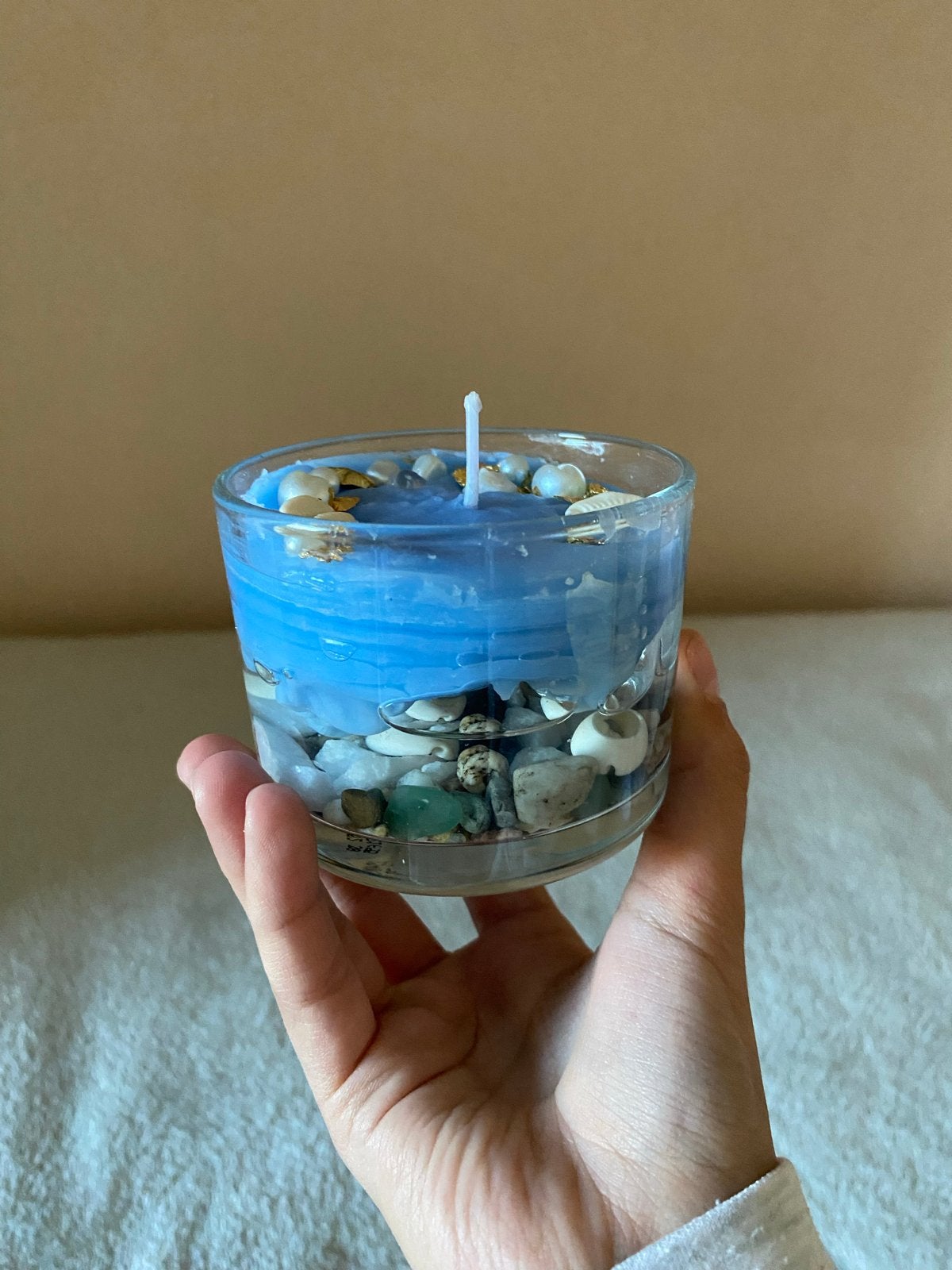 Handgemaakte waterkaars met echte schelpen, Ophalen, Blauw, Kaars, Was