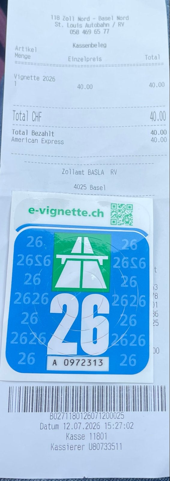 Zwitserland 2026 vignet, niet gebruikt, met bon, Tickets en Kaartjes, Autovignetten, Drie personen of meer