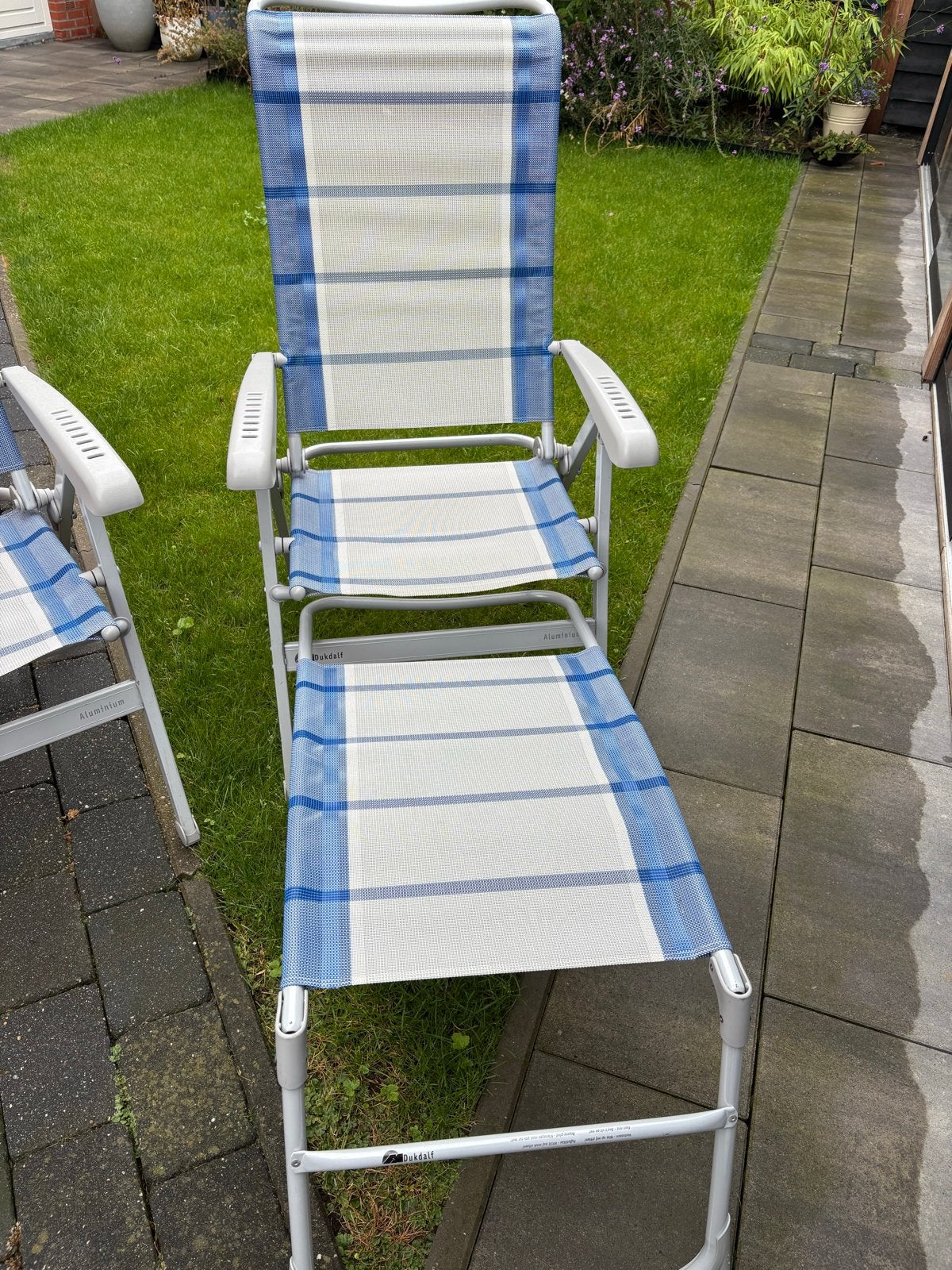 2 Dukdalf campingstoelen met voetensteun, Caravans en Kamperen, Ophalen, Gebruikt