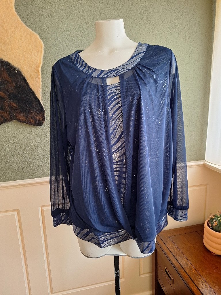 Komplimente top blauw zilver topje mt 50, Komplimente, Maat 46/48 (XL) of groter, Zo goed als nieuw, Lange mouw