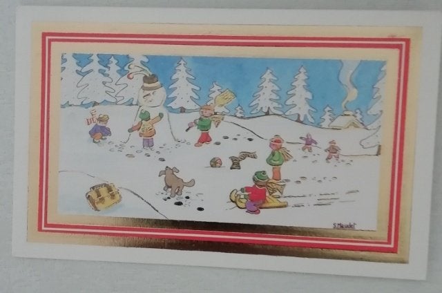 Oude Kerstkaart met kinderen in de sneeuw., Verzamelen, Ophalen of Verzenden, 1980 tot heden, Gelopen, Feest(dag)