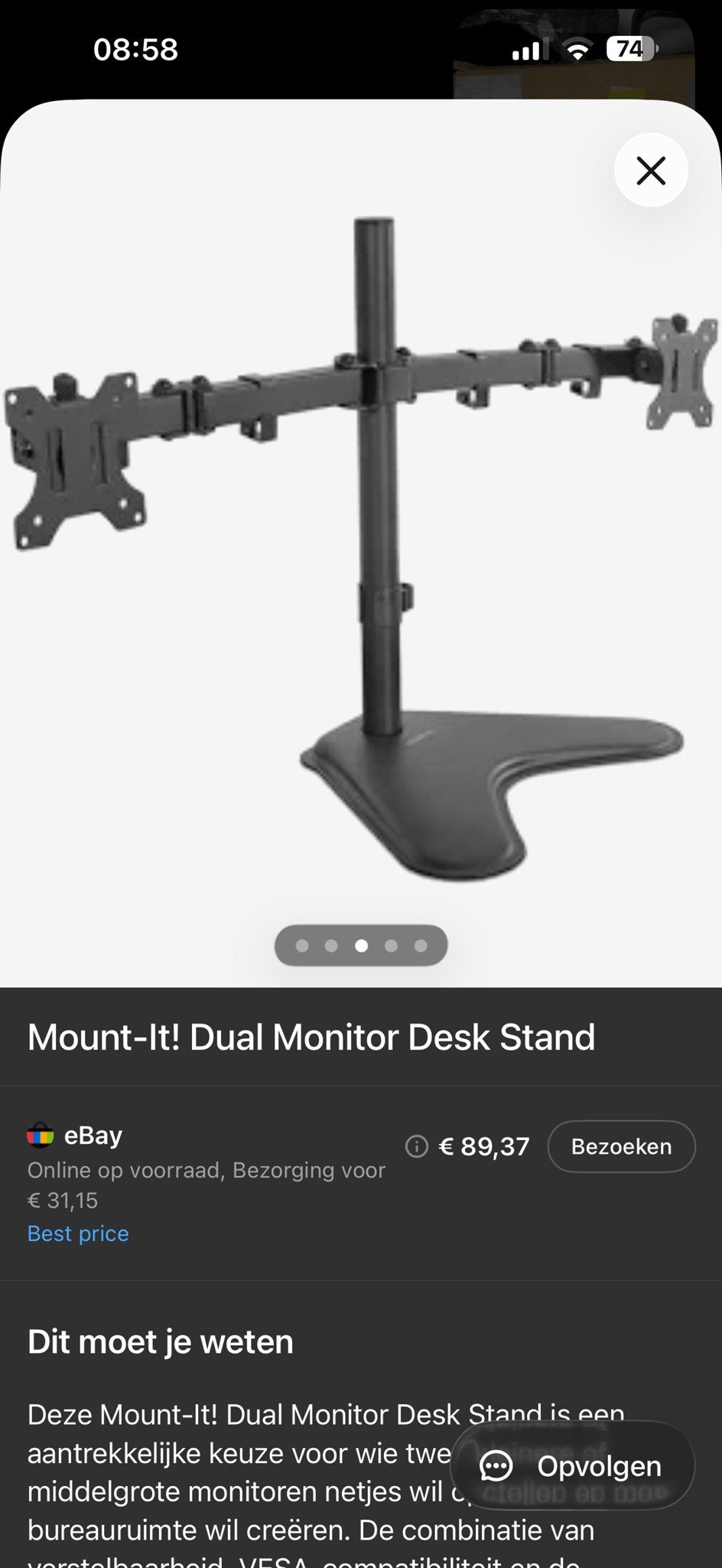 Mount-It! Dubbele Monitor Bureau Standaard, Computers en Software, Ophalen of Verzenden, Nieuw, In hoogte verstelbaar