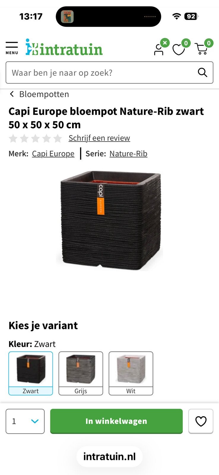 2x Capi Europe bloempot Nature-Rib zwart 50 x 50 x 50 cm, Ophalen, Kunststof, Minder dan 60 cm, Vierkant