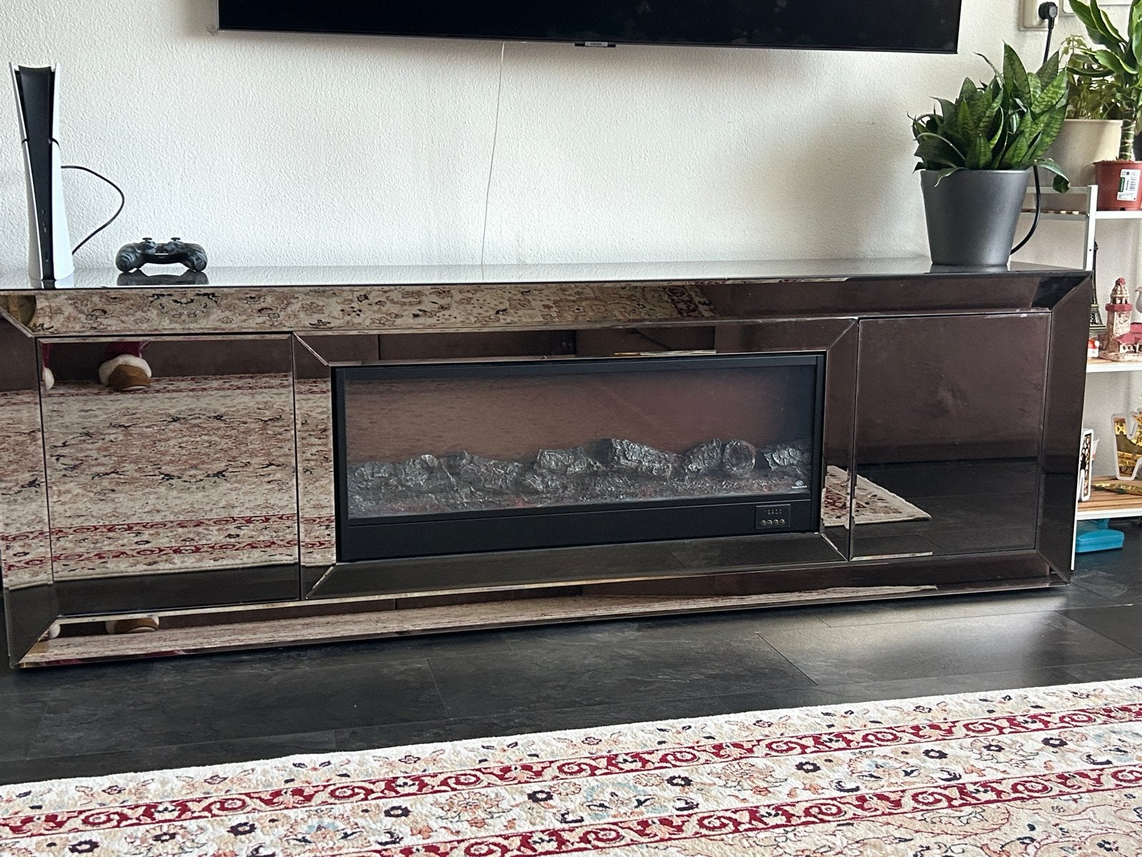 Spiegel Televisietafel met Sfeerhaard, Ophalen, Gebruikt, 150 tot 200 cm, Glas