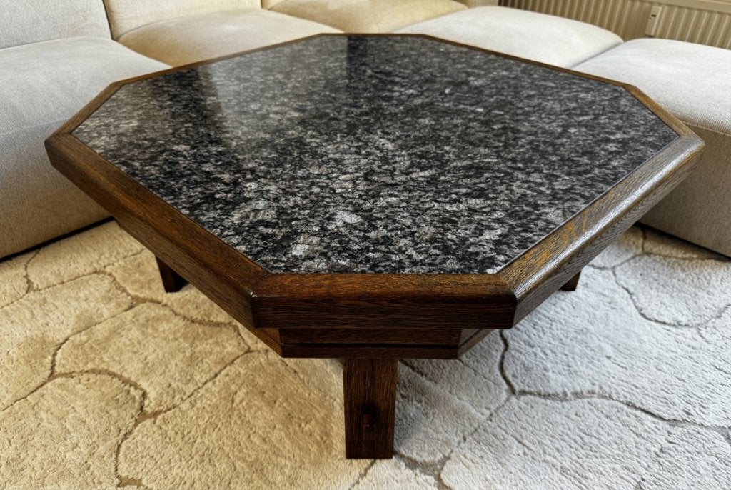 Eikenhouten salontafel met granieten blad en 4 lades 110 cm, Huis en Inrichting, Klassiek, landelijk, rustiek, natuursteen, Ophalen of Verzenden