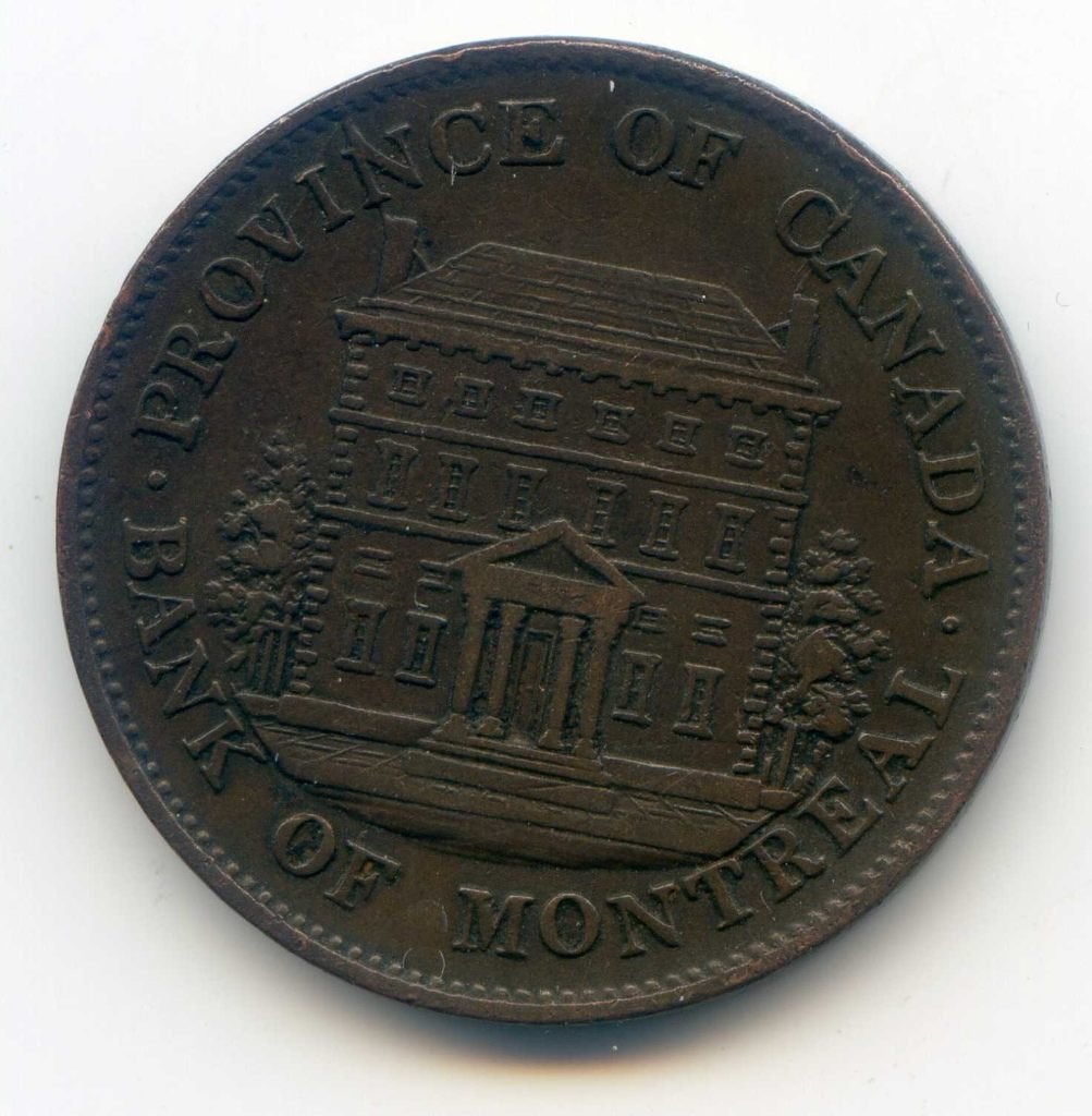 Canada - Bank of Montreal 1/2	Penny 1844 met Grotere Bomen, Postzegels en Munten, Ophalen of Verzenden, Noord-Amerika