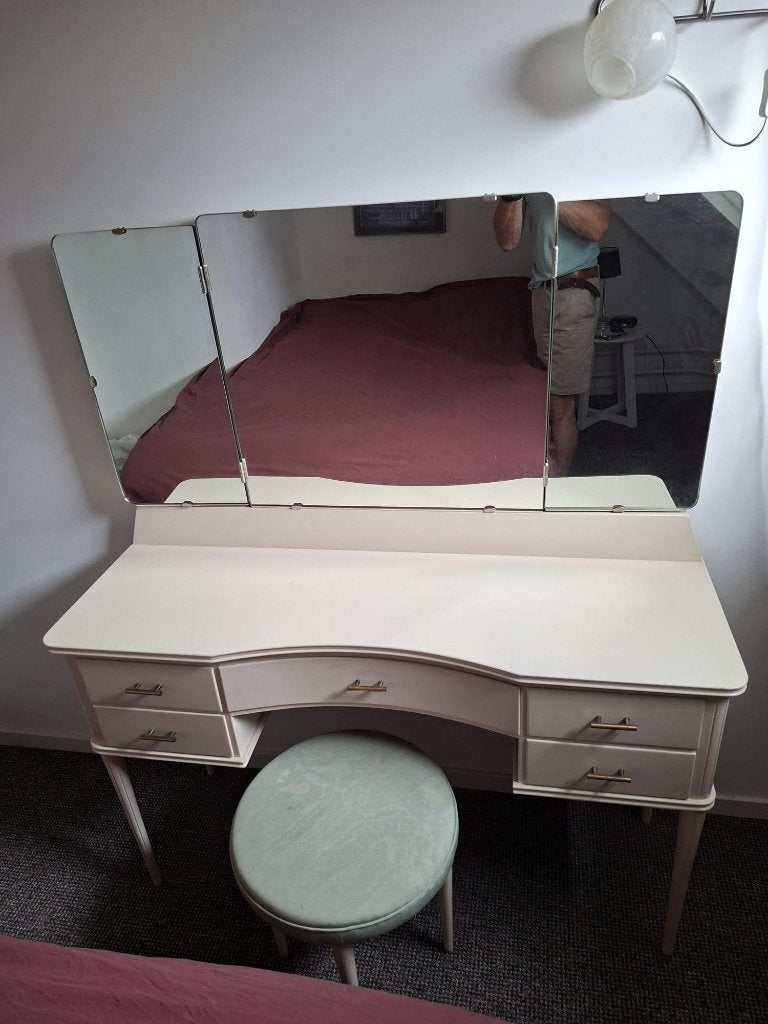 Vintage kaptafel met drieluik spiegel en krukje, Ophalen, Gebruikt, 100 tot 150 cm, 100 tot 150 cm