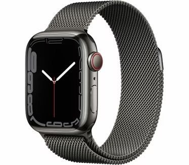Apple Watch Series 7 Stainless Steel Graphite 45mm milanese, Sieraden, Tassen en Uiterlijk, Smartwatches, Gebruikt, Zwart, IOS