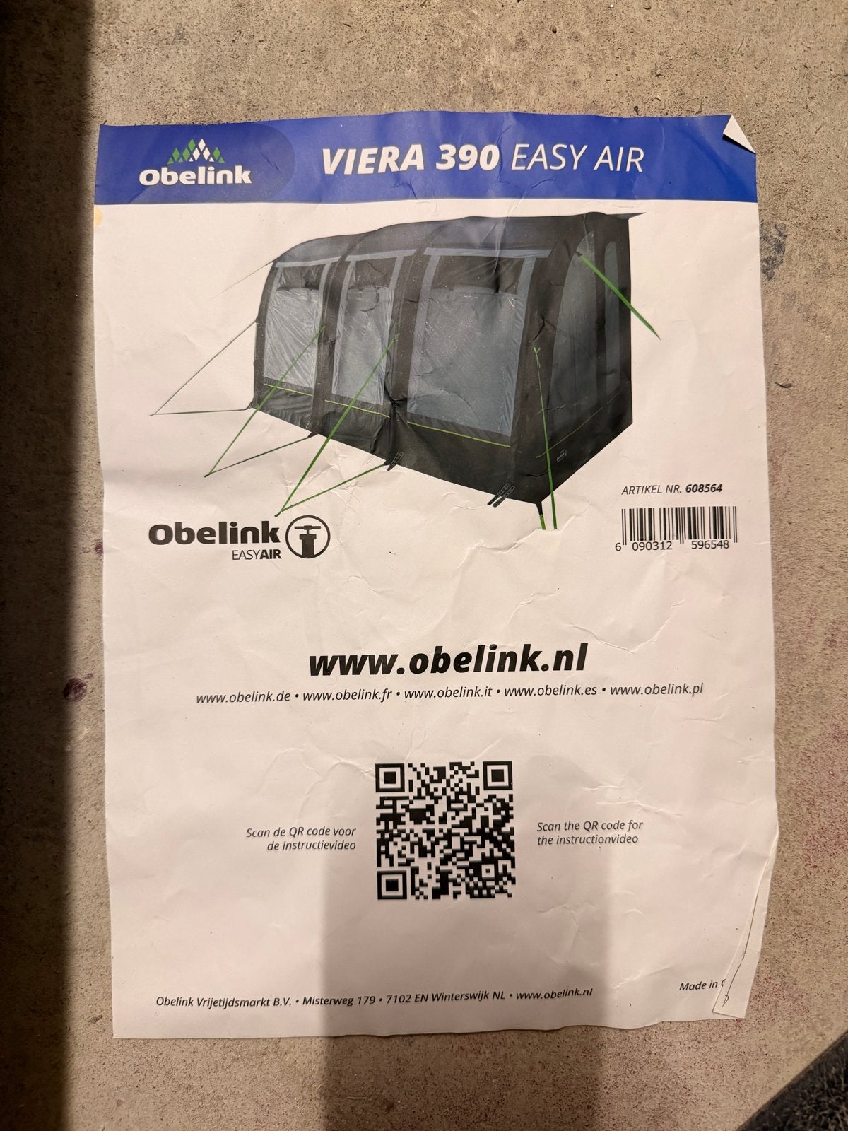 Obelink Viera 390 Easy Air voortent met pomp, Caravans en Kamperen, Voortenten en Luifels, Ophalen, Zo goed als nieuw, Polyester