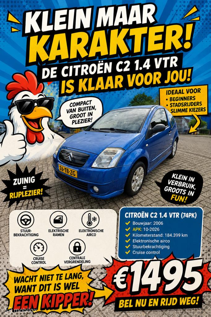 Citroen C2 1.4i VTR / Apk 10-2026 / Airco / Cruise / Trekhaa, Auto's, Voorwielaandrijving, 450 kg, 4 cilinders, 965 kg