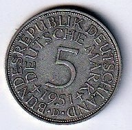 5  mark  1951  D  Duitsland. km. 112.1 ( 2 ), Ophalen of Verzenden, Duitsland, Losse munt, Zilver