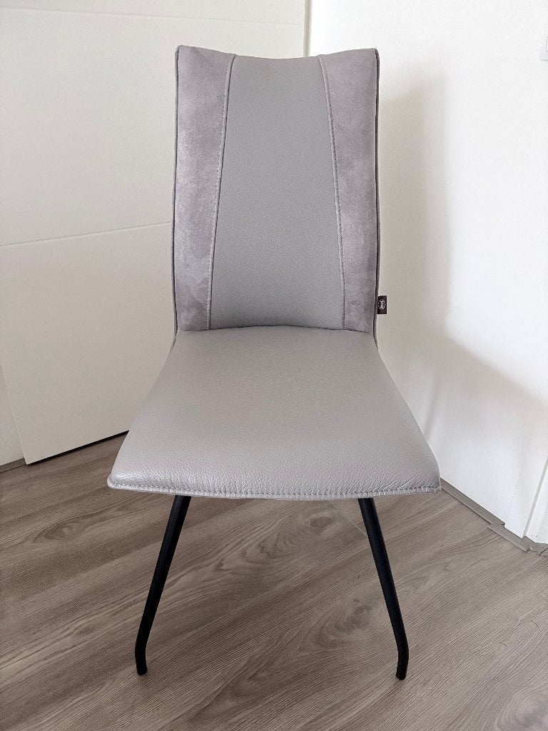 Zes  eetkamerstoelen licht- en donkergrijs en okergeel, Ophalen, Gebruikt, Overige kleuren, Leer