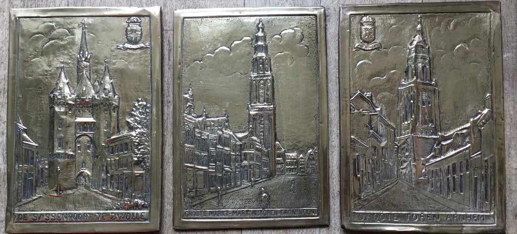 Set van 2 koperen plaquettes van Nederlandse steden, Antiek en Kunst, Ophalen of Verzenden