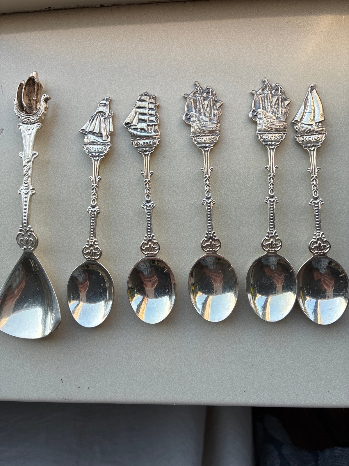 Set van 6 verzilveren theelepels met schepen, Antiek en Kunst, Ophalen of Verzenden