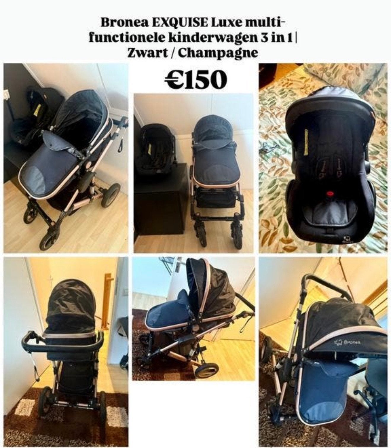 Bronea EXQUISE Luxe 3-in-1 Kinderwagen Zwart/Champagne, Kinderen en Baby's, Zo goed als nieuw, Combiwagen, Met autostoeltje, Ophalen