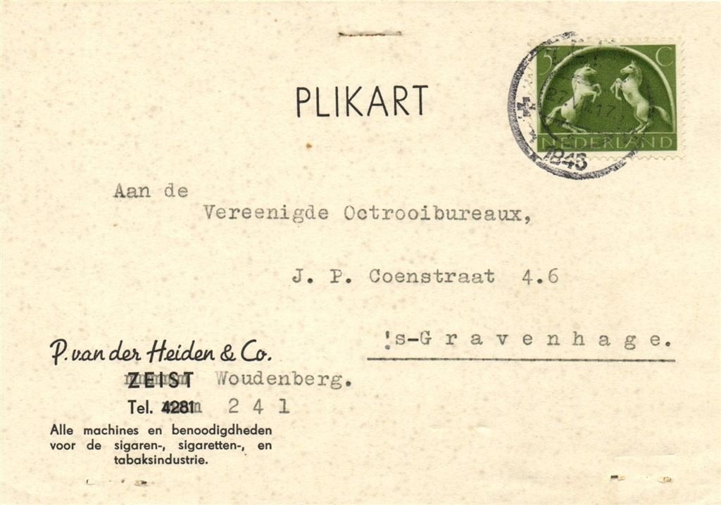 P. van der Heiden + Co, Zeist [Woudenberg] - 08.1945 - plika, Ophalen of Verzenden, Briefkaart