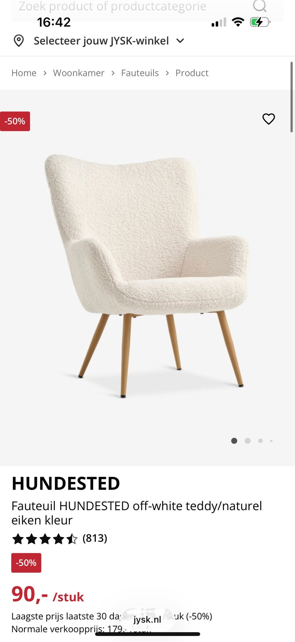 Fauteuil off white teddystoel, Ophalen, Gebruikt, 75 tot 100 cm, 50 tot 75 cm