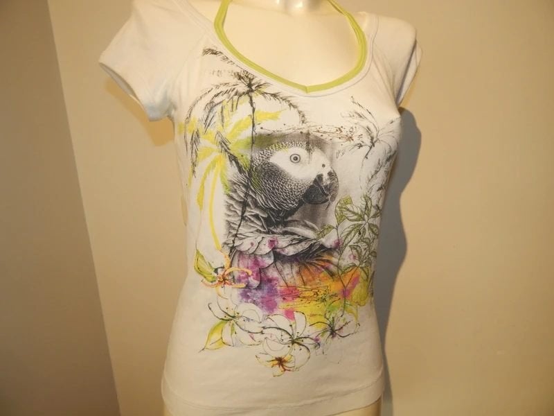 Marccain zomers shirt vogel print voorkant kleurrijk 36/38, Kleding | Dames, Korte mouw, Maat 36 (S), Gedragen, Marccain