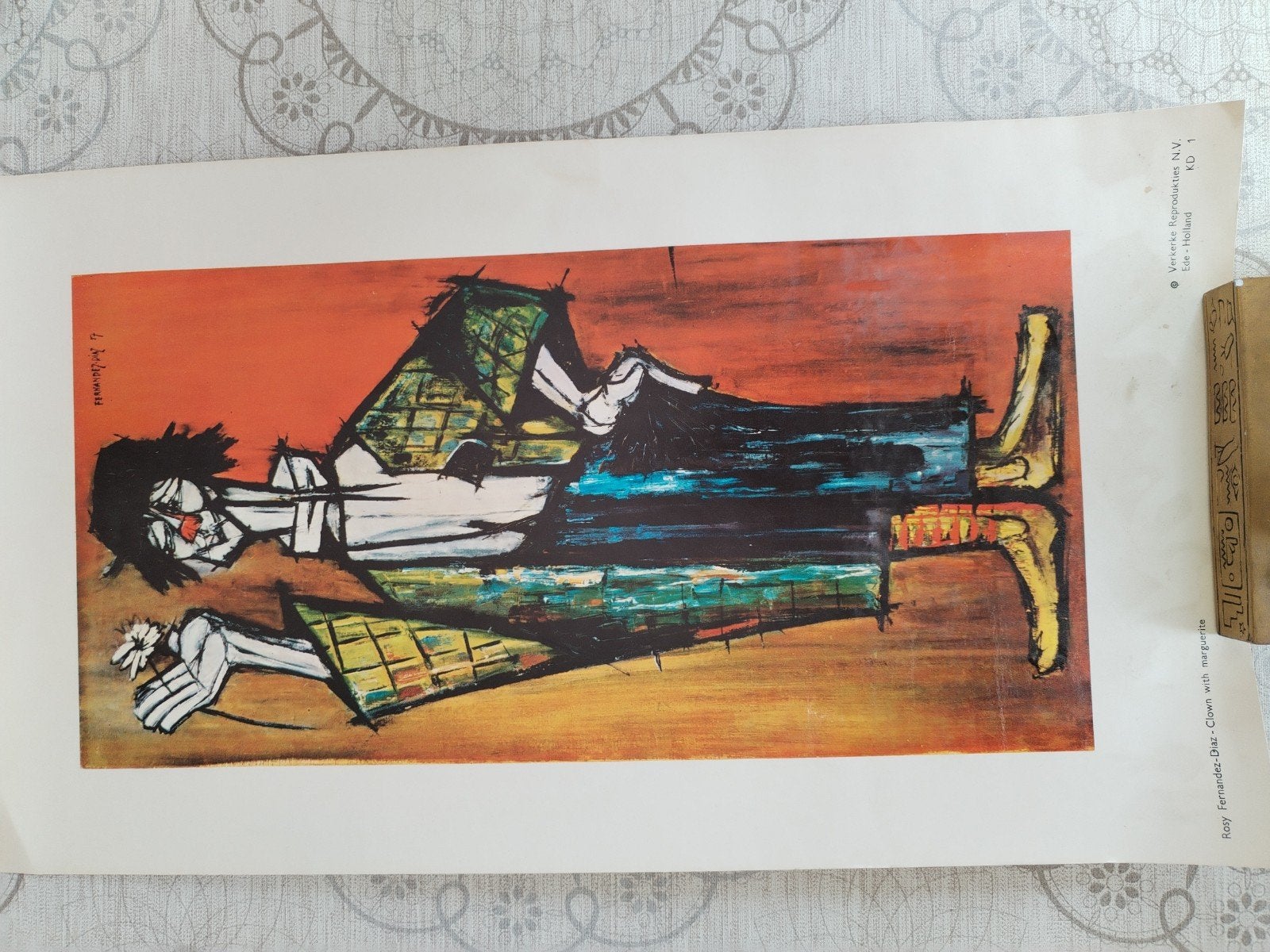 Rosy Fernandez-Diaz: Clown met margriet (Print), Antiek en Kunst, Kunst | Schilderijen | Modern, Ophalen of Verzenden, Papier/karton