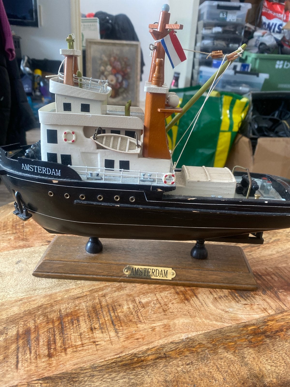 Decoratief scheepsmodel 'Amsterdam' - Houten sleepboot, Verzamelen, Ophalen of Verzenden, Gebruikt
