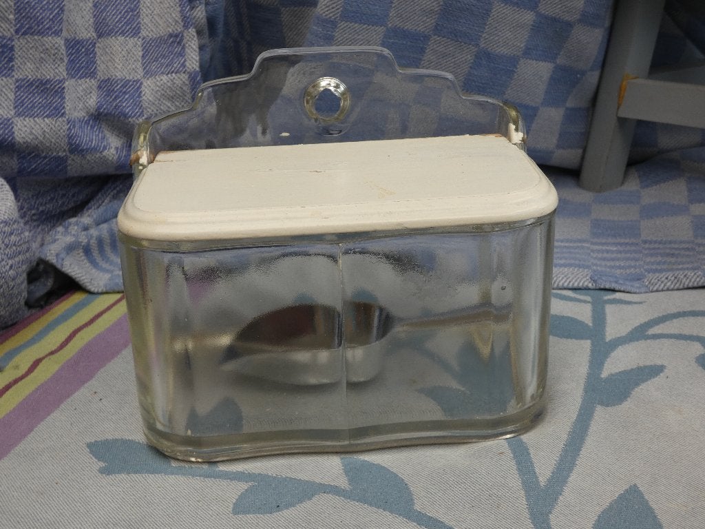oude glazen zoutbak/ zoutpot met schepje, Ophalen of Verzenden