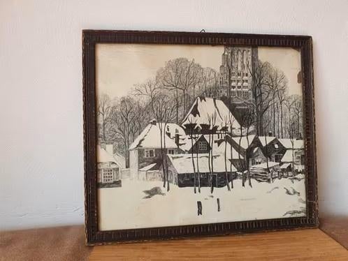 pen tekening dorp winter grote kerk  Vught n Huib Luns, Antiek en Kunst, Kunst | Tekeningen en Foto's, Ophalen