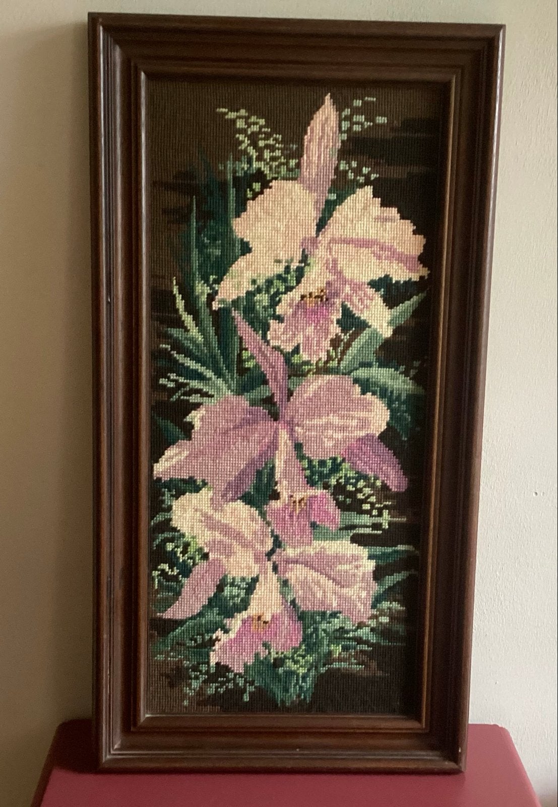 Geborduurd schilderij orchideeën in lijst, 50 – 75, Minder dan 50 cm, Gebruikt, Overige typen
