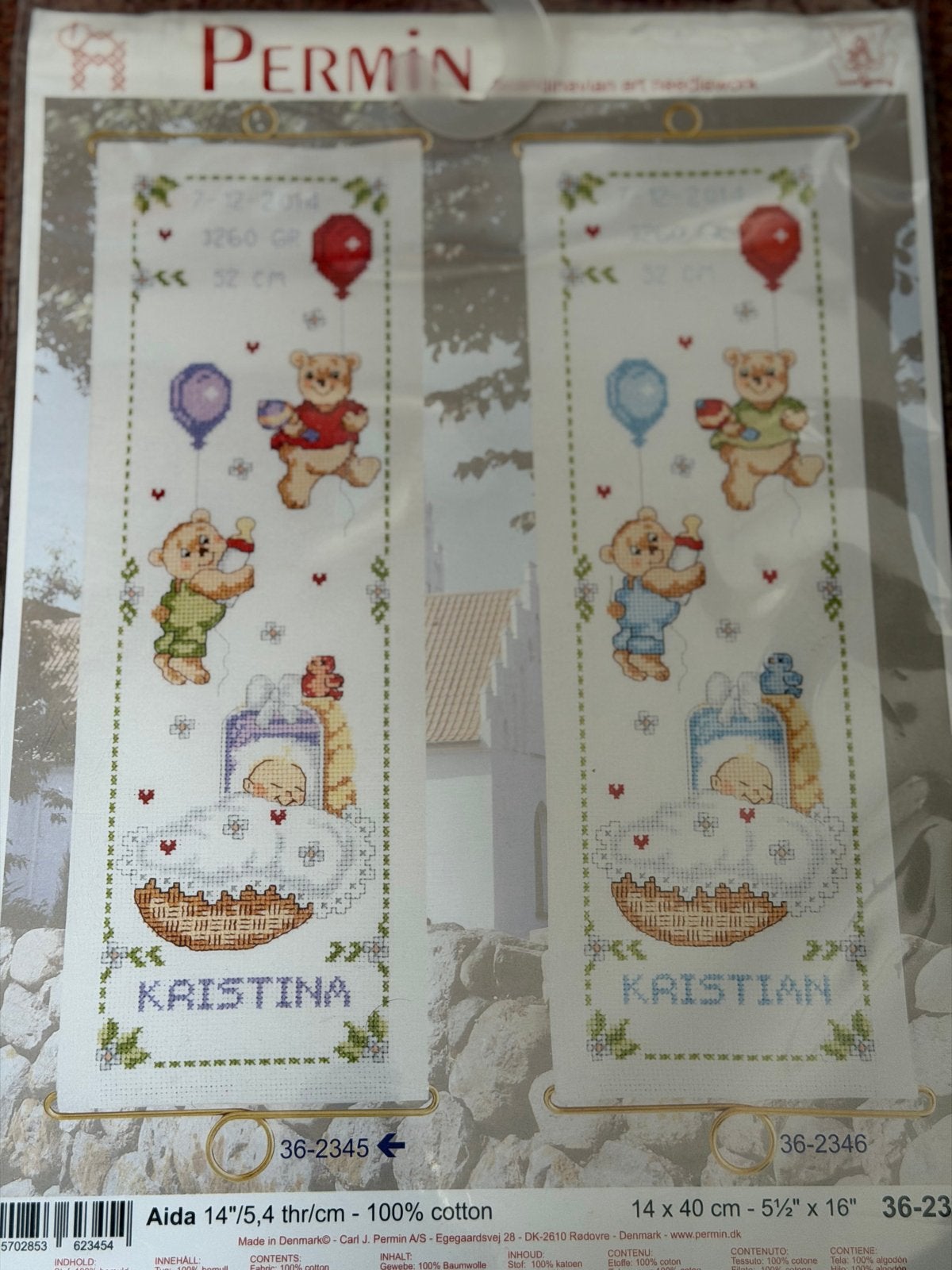 Permin borduurpakket geboorte Kristine/Kristian, Ophalen of Verzenden, Zo goed als nieuw, Handborduren, Patroon