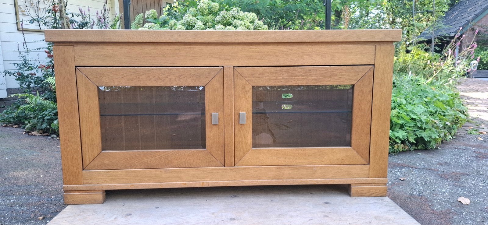 Eiken TV Meubel met Glazen Deuren - 130x46x66 cm, Ophalen, Glas, Gebruikt, 100 tot 150 cm
