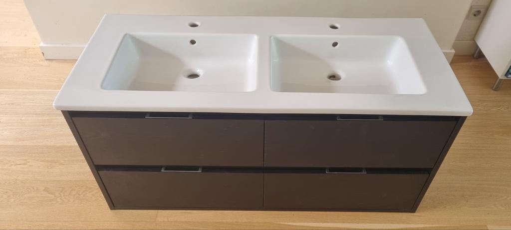 Dubbele wastafel met onderkast - Gebruikt, Ophalen, 100 tot 150 cm, Zo goed als nieuw, Minder dan 100 cm