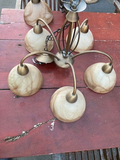Vintage hanglamp en wandlamp set - Brons met glas, Ophalen, Gebruikt, E27 (groot), Klassiek, Vintage, Landelijk