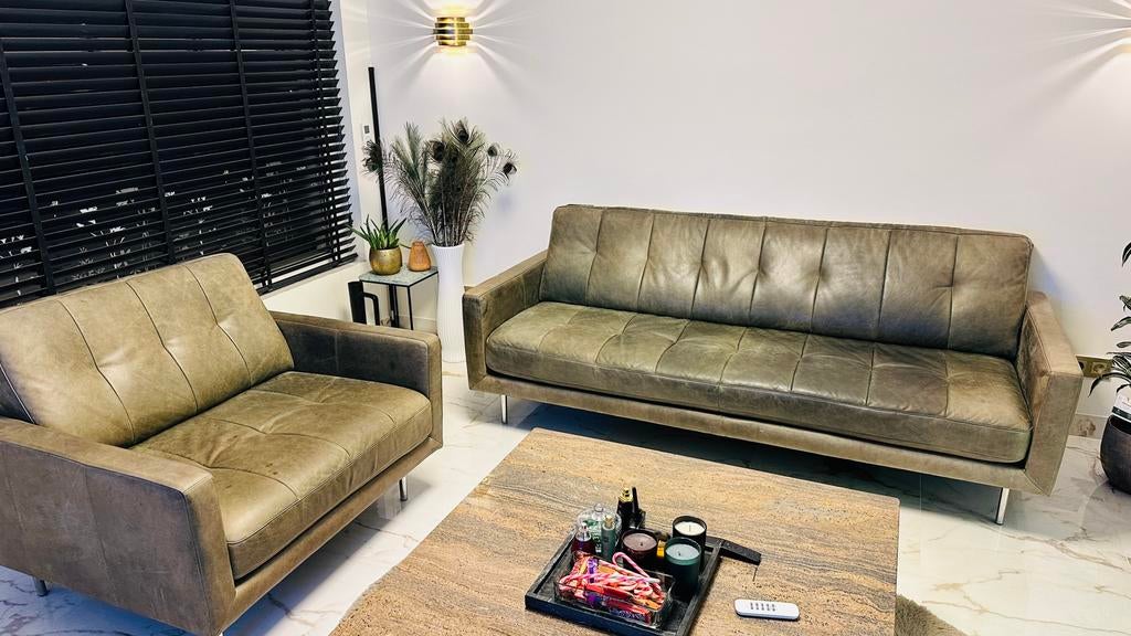 Mooie nubuck lederen Tommy set 3 zits en love seat, Ophalen, Zo goed als nieuw